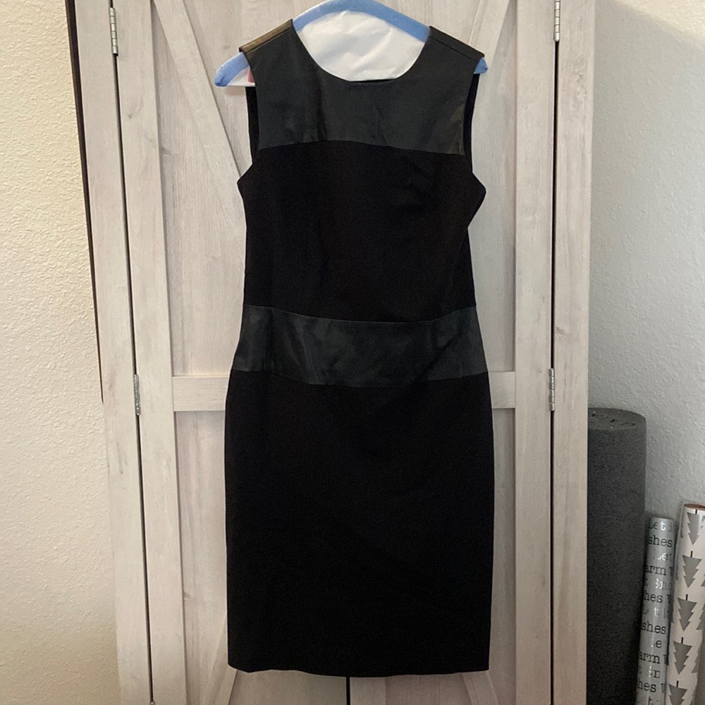 LBD, Calvin Klein sleeveless sheath. Faux leather banding at neckline and waist.